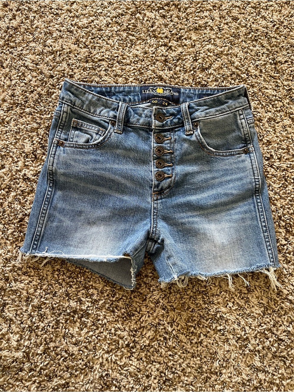 Lucky Brand High Rise Tomboy Shorts Womens 00/24 Button Fly Denim Cut Off Raw‎